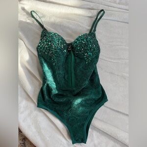 NWT Windsor Bejeweled Bodysuit Emerald Bedazzled Push Up Bustier Wicked Small